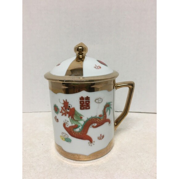 Vintage Chinese Gold Trimmed Hand Painted Dragon Phoenix Mug Tea Cup With Lid - Picture 1 of 9